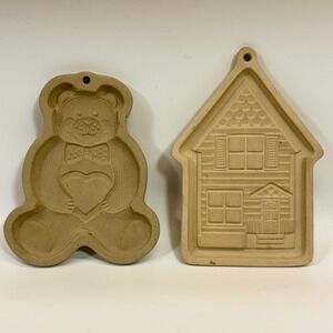 Pampered Chef Clay‎ Cookie Molds Teddy Bear (1991) & House Heritage Home (2000)